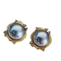 Boucle d'oreille de perles d'eau douce , alliage de zinc, avec Perle Mabe, bijoux de mode & pour femme & avec strass, 30mm, Vendu par paire