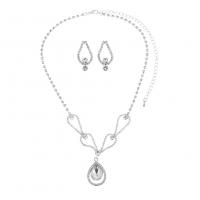 Brass Jewelry Set, Rhinestone, earring & necklace, with Brass, silver color plated, for woman, 3.3cm,2.7cm cm 
