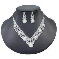 Brass Jewelry Set, Rhinestone, earring & necklace, with Plastic Pearl & Brass, silver color plated, for woman, 9cm,3cm cm 