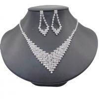 Brass Jewelry Set, Rhinestone, earring & necklace, with Brass, silver color plated, for woman, 8cm,4cm cm [