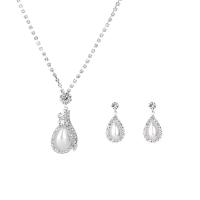 Messing Schmuck Set, Strass, Ohrring & Halskette, mit Kunststoff Perlen & Messing, silberfarben plattiert, für Frau, 1.8x4.3cm,1.2x2.8cm, Länge:46 cm, verkauft von setzen