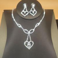 Brass Jewelry Set, Rhinestone, earring & necklace, with Brass, Heart, silver color plated, for woman, 4.8cm cm 