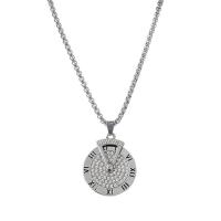 Titanium Steel Necklace, with zinc alloy pendant, Flat Round, plated, rotatable & with roman number & Unisex & with rhinestone Approx 27.5 Inch 