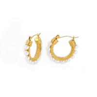 Boucle d'oreille en acier inoxydable Hoop, Acier inoxydable 304, avec perle de plastique, Plaqué d'or 18K, bijoux de mode & pour femme Vendu par paire