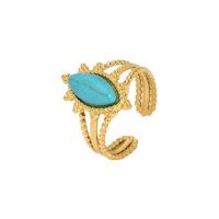 Gemstone Stainless Steel Finger Ring, 304 Stainless Steel, with turquoise, 18K gold plated, adjustable & for woman & hollow [
