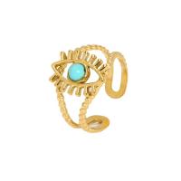 Gemstone Stainless Steel Finger Ring, 304 Stainless Steel, with Natural Stone, Evil Eye, real gold plated, adjustable & for woman & hollow 