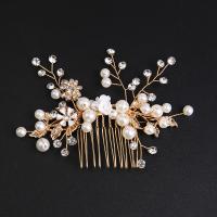 Decorative Hair Combs, Zinc Alloy, with Plastic Pearl, handmade, fashion jewelry & for woman & with rhinestone, golden 