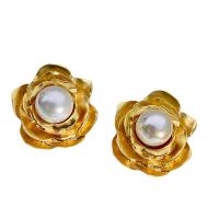 Plastic Pearl Zinc Alloy Earring, with Plastic Pearl, Rose, real gold plated, fashion jewelry & for woman, golden, 30mm 