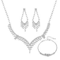 Brass Jewelry Set, Rhinestone, bracelet & earring & necklace, with Brass, silver color plated, three pieces & for woman [