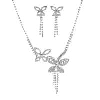 Brass Jewelry Set, Rhinestone, earring & necklace, with Brass, Butterfly, silver color plated, for woman, 51.8mm .11 Inch 