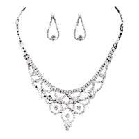 Brass Jewelry Set, Rhinestone, earring & necklace, with Brass, silver color plated, for woman, 9.8cm,2.8cm cm 