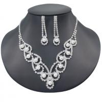 Brass Jewelry Set, Rhinestone, earring & necklace, with Plastic Pearl & Brass, silver color plated, for woman, 10cm,4.3cm cm 