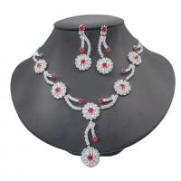 Brass Jewelry Set, Rhinestone, earring & necklace, with Brass, Flower, silver color plated, for woman, 5.1cm cm [