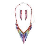 Brass Jewelry Set, Rhinestone, earring & necklace, with Brass, silver color plated, for woman, multi-colored, 11cm,4.8cm cm [
