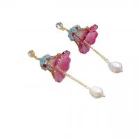 Lampwork Drop Earring, Brass, with Lampwork & Plastic Pearl, plated, fashion jewelry & with rhinestone, rose pink 