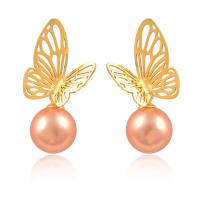 Stainless Steel Drop Earring, 316L Stainless Steel, with Plastic Pearl, Butterfly, Vacuum Ion Plating, fashion jewelry & for woman & hollow, Champagne 