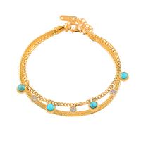 Stainless Steel Charm Bracelet, 316L Stainless Steel, with Synthetic Turquoise, with 5cm extender chain, Vacuum Ion Plating, Double Layer & fashion jewelry & for woman & with rhinestone Approx 16 cm 