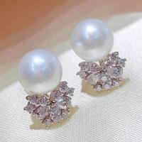 Cubic Zirconia Micro Pave Brass Earring, with Plastic Pearl, fashion jewelry & micro pave cubic zirconia & for woman 