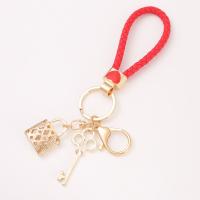 Zinc Alloy Key Chain Jewelry, with leather cord, Lock and Key, plated, fashion jewelry & with rhinestone, gold 