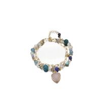 Bracelets perles de pierres semi-précieuses, perle d'eau douce cultivée, avec Pierre naturelle & cristal & laiton, coeur, Plaqué or 18K, bijoux de mode & pour femme Environ 6.7 pouce, Vendu par PC[