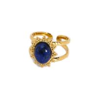 Gemstone Stainless Steel Finger Ring, 304 Stainless Steel, with Lapis Lazuli, 18K gold plated, adjustable & for woman 