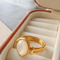 Titanium Steel Finger Ring, with White Shell, Oval, real gold plated, fashion jewelry & for woman, US Ring [