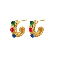 Brass Stud Earring, with Resin, real gold plated, fashion jewelry & for woman [