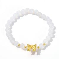 Agate Bracelets, White Agate, with Zinc Alloy, Bowknot, gold color plated, fashion jewelry & for woman, white 6mm Approx 19 cm 