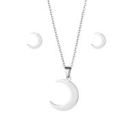 Fashion Stainless Steel Jewelry Sets, 304 Stainless Steel, Stud Earring & necklace, Moon, 2 pieces & fashion jewelry & for woman, silver color Approx 17.72 Inch 