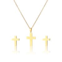 Fashion Stainless Steel Jewelry Sets, 304 Stainless Steel, Stud Earring & necklace, Cross, 2 pieces & fashion jewelry & for woman, golden Approx 17.72 Inch [