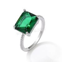 Cubic Zircon Brass Finger Ring, with Cubic Zirconia, Rectangle, platinum color plated & for woman, green 
