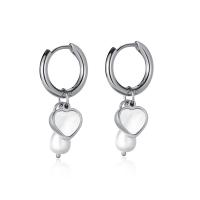 Stainless Steel Huggie Hoop Earring, 304 Stainless Steel, with Pearl Oyster & Freshwater Pearl, Vacuum Ion Plating, fashion jewelry & for woman 