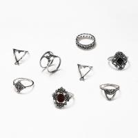Zinc Alloy Ring Set, with Black Stone, silver color plated, 8 pieces & fashion jewelry & for woman & enamel, two different colored [