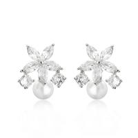 Cubic Zirconia Micro Pave Brass Earring, with Plastic Pearl, Flower, plated, micro pave cubic zirconia & for woman 