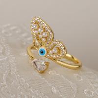 Evil Eye Jewelry Finger Ring, Brass, with Plastic Pearl, Butterfly, plated, micro pave cubic zirconia inner .7 ~1.9cm 