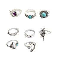 Zinc Alloy Ring Set, with turquoise & Acrylic, plated, 8 pieces & fashion jewelry & for woman & blacken, two different colored, nickel, lead & cadmium free [