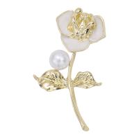 Broche Perle en plastique, alliage de zinc, avec perle de plastique, fleur, Placage de couleur d'or, bijoux de mode & pour femme & émail, blanc Vendu par PC
