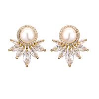 Cubic Zirconia Micro Pave Brass Earring, with Plastic Pearl, Horse Eye, plated, micro pave cubic zirconia & for woman 