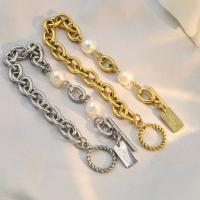 Stainless Steel Chain Bracelets, 304 Stainless Steel, with Plastic Pearl, plated, fashion jewelry & for woman 8mm,14mm Approx 8.27 Inch 