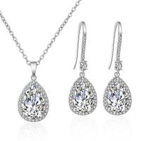 Cubic Zirconia Micro Pave Brass Jewelry Sets, earring & necklace, with 5cm extender chain, Teardrop, plated, micro pave cubic zirconia & for woman cm 