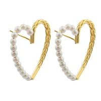 Brass Stud Earring, with Plastic Pearl, Heart, gold color plated, fashion jewelry & for woman & hollow 