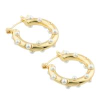 Brass Hoop Earring, with Plastic Pearl, gold color plated, fashion jewelry & for woman 