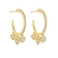 Brass Drop Earring, plated, fashion jewelry & with rhinestone, golden, 32mm 