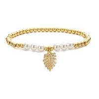 Cubic Zirconia Brass Bracelets, with Plastic Pearl, Leaf, plated, fashion jewelry & micro pave cubic zirconia, gold cm [