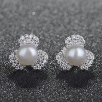 Freshwater Pearl Stud Earring, Three Leaf Clover, polished, fashion jewelry & micro pave cubic zirconia & for woman [