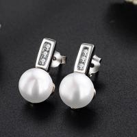Freshwater Pearl Stud Earring, with Zinc Alloy, polished, fashion jewelry & micro pave cubic zirconia & for woman 