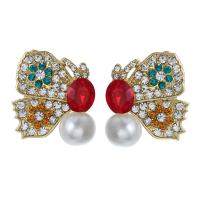 Zinc Alloy Rhinestone Stud Earring, with Plastic Pearl, Butterfly, gold color plated, for woman & with rhinestone 