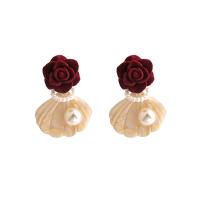 Plastic Pearl Zinc Alloy Earring, with Plastic Pearl, Rose, silver color plated, fashion jewelry & for woman, red 