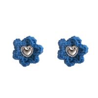 Zinc Alloy Stud Earring, with Cotton Thread, Flower, silver color plated, fashion jewelry & for woman 
