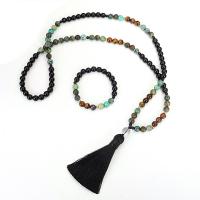Gemstone Necklaces, African Turquoise, with Polyester Yarns & Tiger Eye & Zinc Alloy, handmade, Natural & fashion jewelry & for woman, multi-colored 